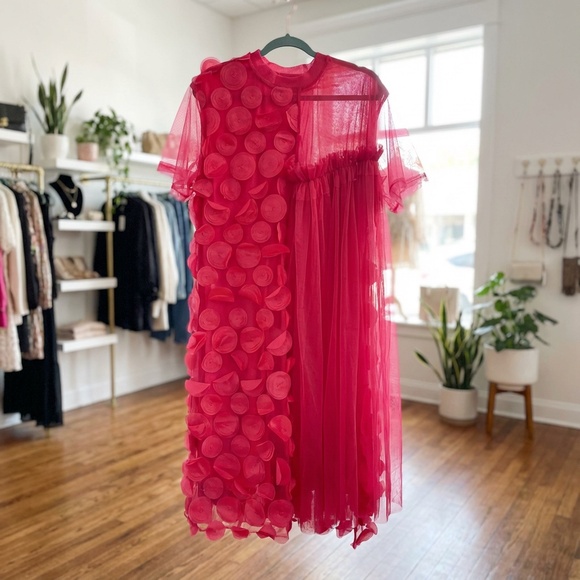 A361  Nancy Modern Romance Hot Pink Textured Midi Dress Tulle Overlay  NWT S - Picture 3 of 8